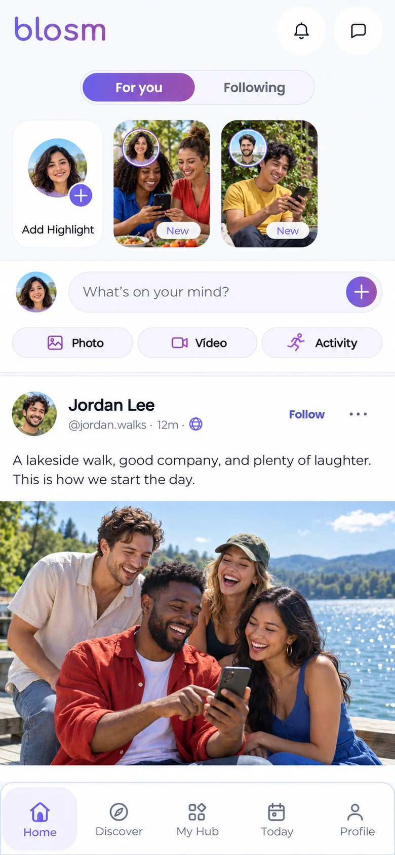 Blosm Social Home with fictional community content