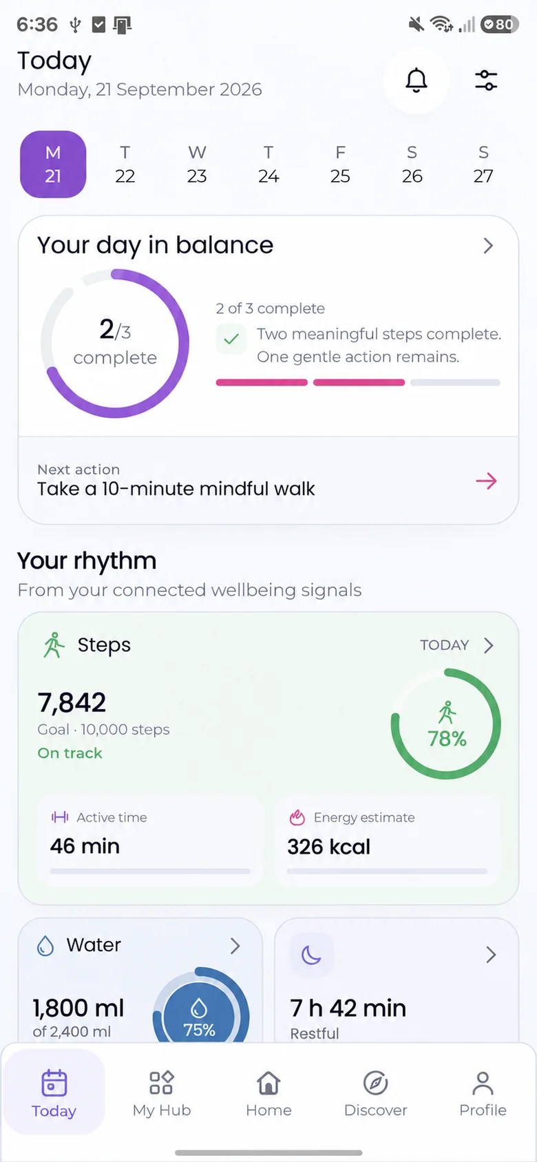 Blosm Today screen with fictional wellbeing data